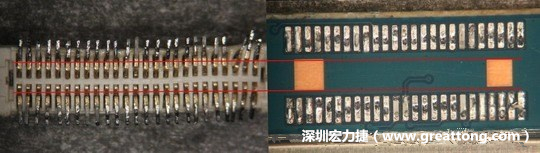 把板對板連接器與其電路板的佈線焊墊作一個比較，端子的切斷面有毛邊的地方剛好對到了裸銅區。